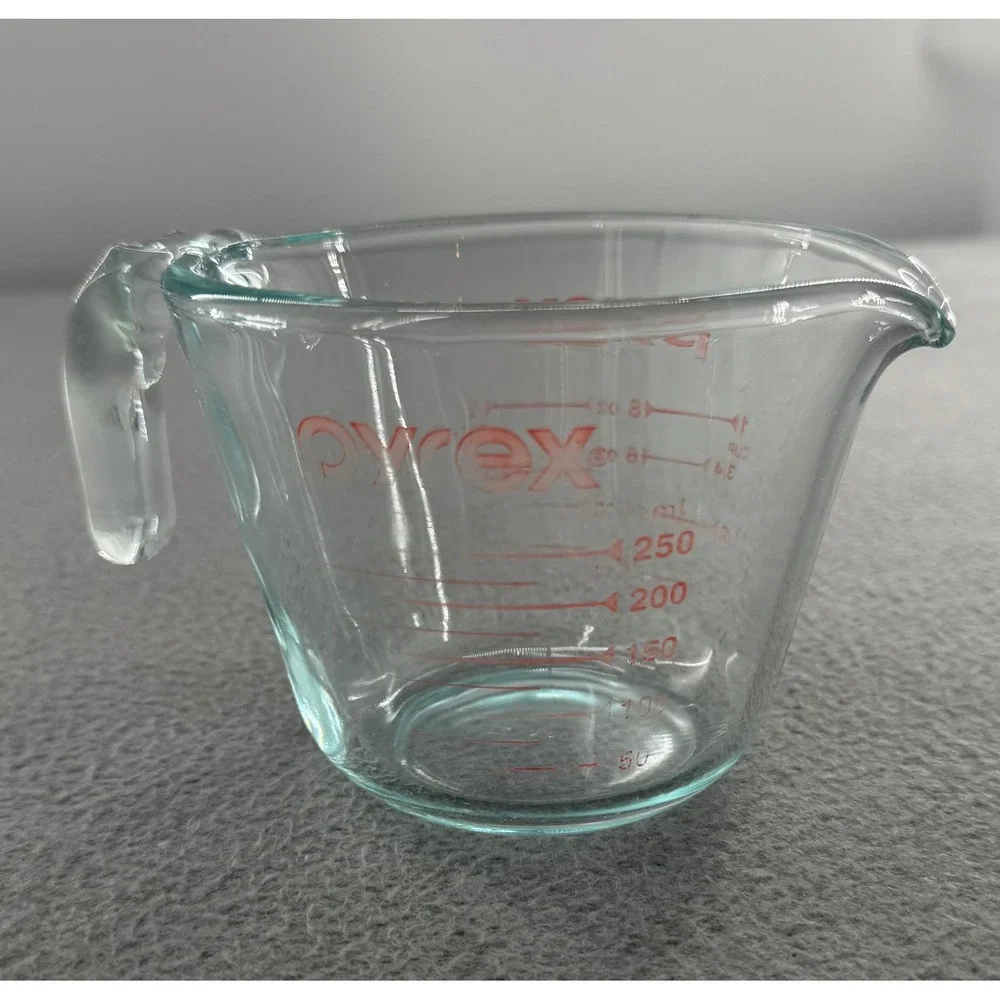 Pyrex Measuring Cup 1 Cup Clear Glass Red Lettering Metric Vtg Kitchen Baking